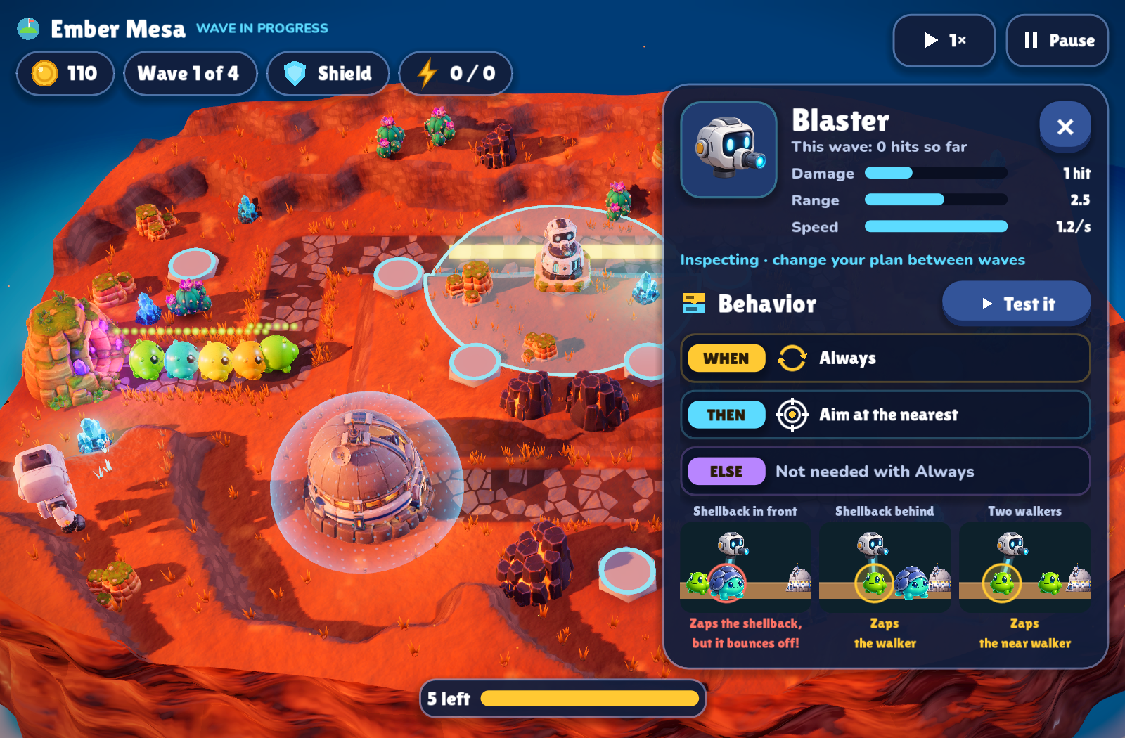 Outpost Lab gameplay with a colorful island, winding creature route, tower range, and inspection panel