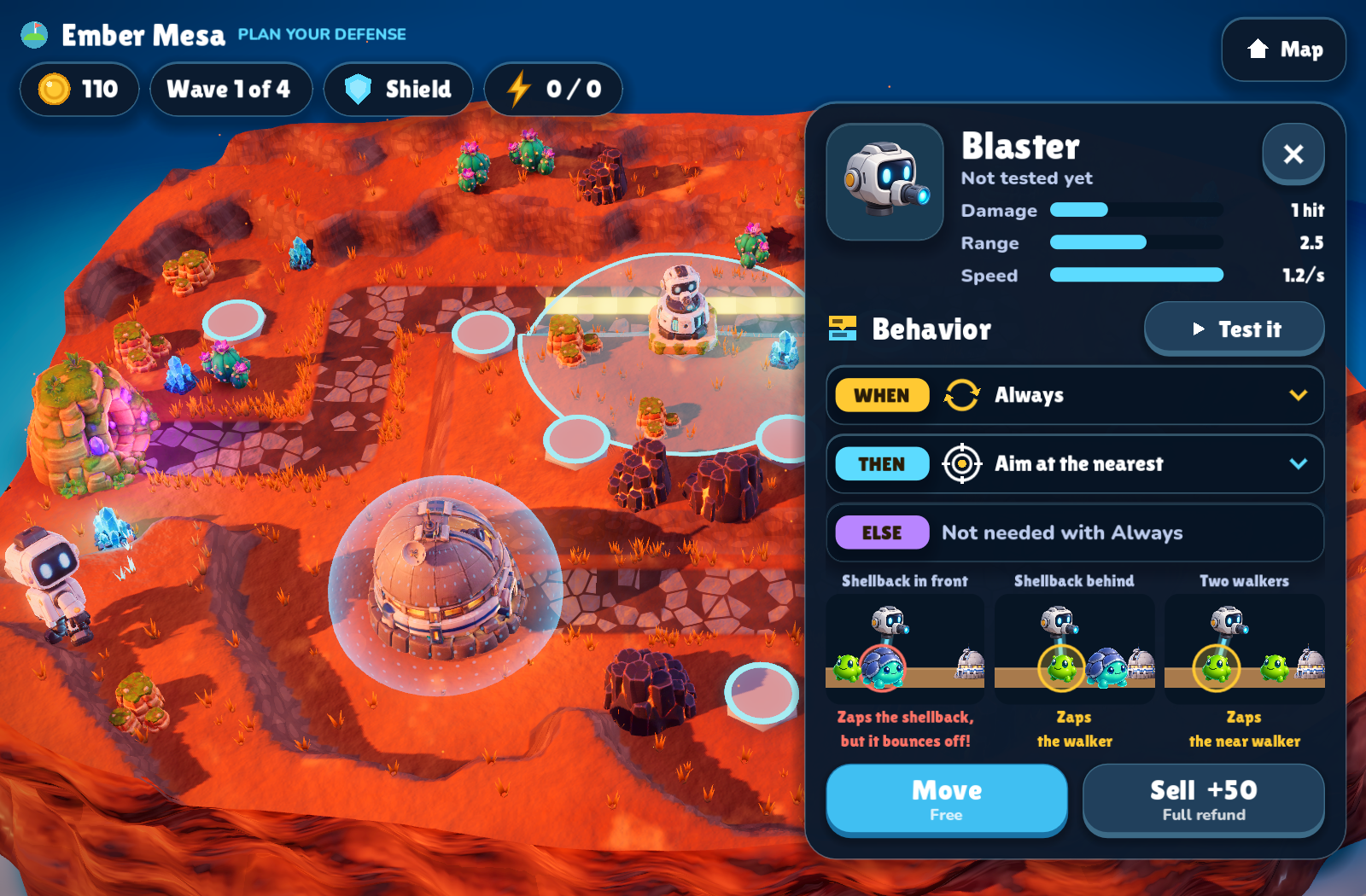 The game's tower behavior panel showing visual WHEN, THEN, ELSE choices and a Test it button